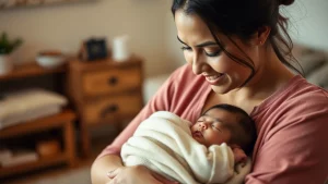Primo piano di una madre sorridente di origine latinoamericana che tiene in braccio il suo neonato addormentato dopo l'allattamento, simbolo dei benefici dell'educazione prenatale e del legame madre-figlio. Luce calda e intima che illumina dolcemente i loro visi. Obiettivo 50mm prime, bokeh morbido sullo sfondo domestico accogliente.