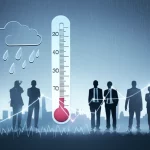 Un'immagine concettuale che illustra l'intersezione tra fattori climatici (simboleggiati da un termometro stilizzato che segna temperature variabili e gocce di pioggia) e fattori socioeconomici (simboleggiati da grafici di crescita del PIL che salgono e silhouette di persone in un contesto urbano denso). L'immagine ha un'atmosfera analitica, utilizzando un obiettivo prime da 35mm con una profondità di campo che mette a fuoco l'interazione centrale di questi elementi, con una palette di colori duotone blu e grigio per un tocco scientifico e informativo.