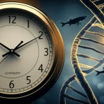 Un'immagine concettuale che mostra un orologio stilizzato sovrapposto a una rappresentazione artistica del DNA e a silhouette di zebrafish, simboleggiando l'interazione tra genetica, ormoni (AMH) e ritmi circadiani. Illuminazione soffusa, colori blu e oro duotone per un aspetto scientifico ed elegante, obiettivo prime 35mm, profondità di campo.