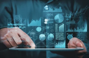 A person's hands hovering over a tablet displaying complex stock charts and abstract data visualizations, 35mm portrait, depth of field.