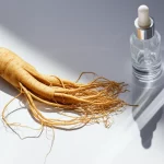 A sophisticated flat lay of skincare ingredients, featuring a ginseng root (representing Ginsenoside CK) and a modern serum bottle (representing retinol), with subtle light rays suggesting UVA protection. Macro lens, 80mm, high detail, controlled soft lighting, precise focusing.