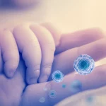 Conceptual image depicting a newborn baby's hand gently held by a mother's hand, with a subtle, almost imperceptible overlay of abstract cellular structures representing monocytes. Use a prime lens, 35mm, with soft, warm lighting and a shallow depth of field to create a tender, hopeful mood, hinting at the underlying science. Perhaps a duotone effect with warm skin tones and a cool, scientific blue for the cellular overlay.