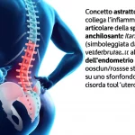 Concetto astratto che collega l'infiammazione articolare della spondilite anchilosante (simboleggiata da una colonna vertebrale stilizzata con aree rosse infiammate) al cancro dell'endometrio (simboleggiato da cellule rosa/rosse stilizzate su uno sfondo che ricorda l'utero). Illuminazione drammatica, focus selettivo su un punto di connessione tra i due elementi, stile fotorealistico con profondità di campo.