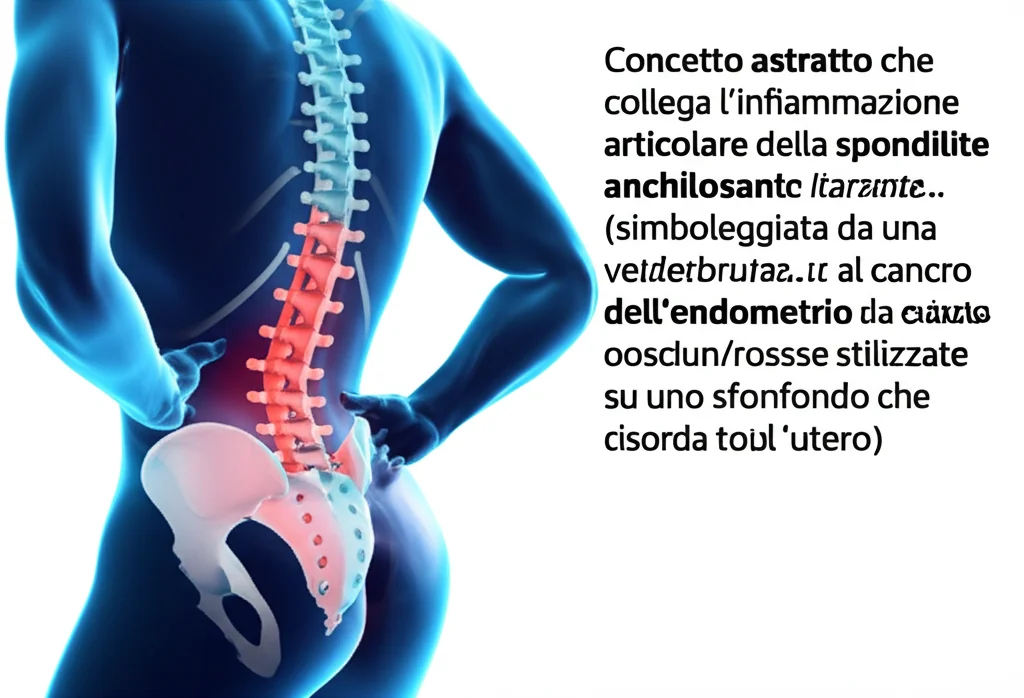 Concetto astratto che collega l'infiammazione articolare della spondilite anchilosante (simboleggiata da una colonna vertebrale stilizzata con aree rosse infiammate) al cancro dell'endometrio (simboleggiato da cellule rosa/rosse stilizzate su uno sfondo che ricorda l'utero). Illuminazione drammatica, focus selettivo su un punto di connessione tra i due elementi, stile fotorealistico con profondità di campo.