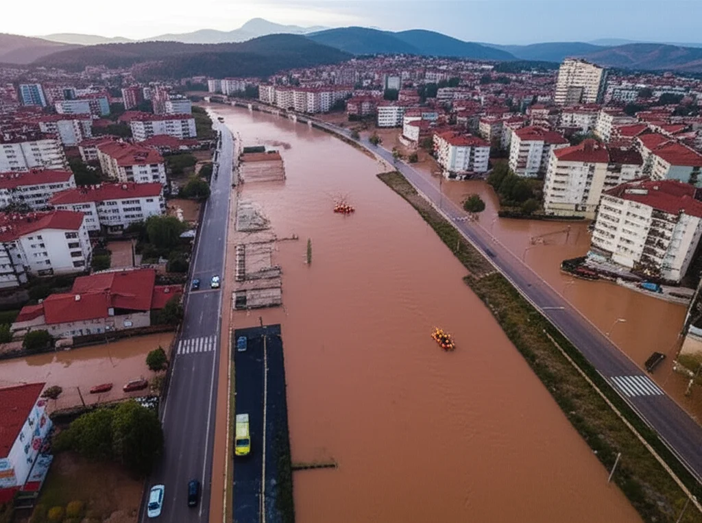 Immagine aerea drammatica di una città turca, Sinop o Kastamonu, parzialmente sommersa dall'acqua marrone e detritica di un'alluvione devastante. Si vedono tetti di case, strade trasformate in fiumi e squadre di soccorso che operano con gommoni. Wide-angle lens, 10-24mm, per catturare l'estensione del disastro, long exposure times per l'acqua, sharp focus sui dettagli della distruzione e dei soccorsi, luce del tardo pomeriggio per accentuare le ombre e il dramma della scena.