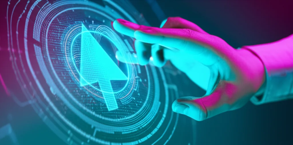 Immagine concettuale che mostra una mano che interagisce con un'interfaccia digitale fluttuante. La mano si muove fluidamente, ma l'interfaccia mostra un cursore leggermente sfasato, a simboleggiare un piccolo ritardo visivo. L'immagine dovrebbe avere un'estetica high-tech, con obiettivo da 35mm, profondità di campo per mettere a fuoco l'interazione mano-cursore, e una palette di colori duotone ciano e magenta per un look moderno e scientifico.