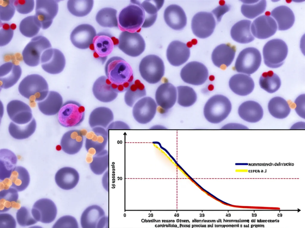 Immagine concettuale di una goccia di sangue analizzata al microscopio, con evidenza di neutrofili (globuli bianchi con nucleo segmentato) e molecole di albumina fluttuanti, accanto a un grafico stilizzato che mostra un aumento del rischio (curva a J). Obiettivo macro 90mm, alta definizione, illuminazione da laboratorio controllata, focus preciso sui componenti del sangue e sul grafico.