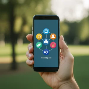 Interfaccia stilizzata dell'app FostrSpace su uno smartphone tenuto da una mano giovanile. Le icone rappresentano supporto, comunità e benessere. Sfondo leggermente sfocato di un ambiente sicuro e accogliente, come un parco o una stanza luminosa. Obiettivo prime 50mm, profondità di campo, colori caldi e invitanti, luce soffusa.