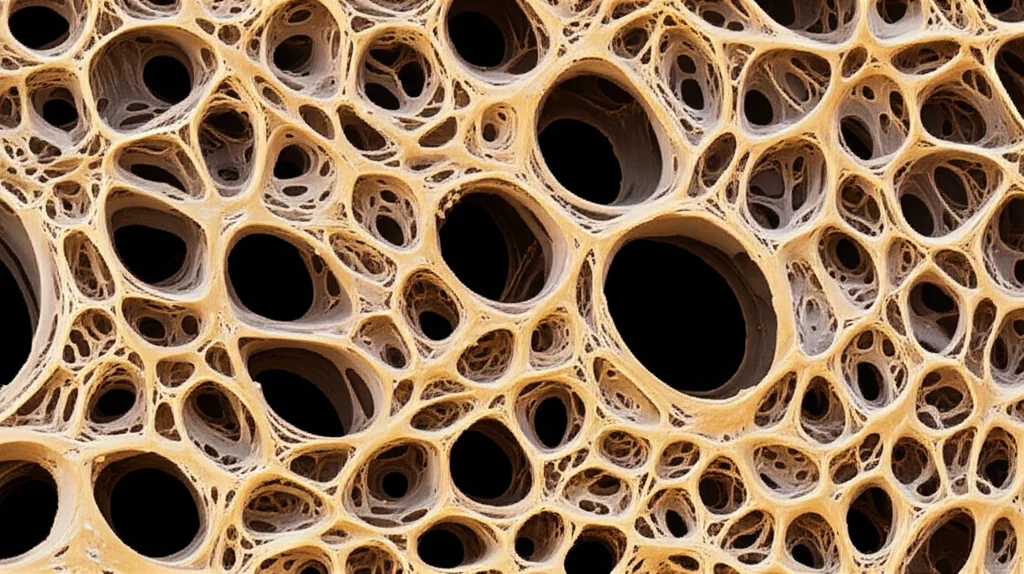 Macro lens, 105mm, high detail image of bone trabeculae structure showing signs of osteoporosis, controlled lighting.