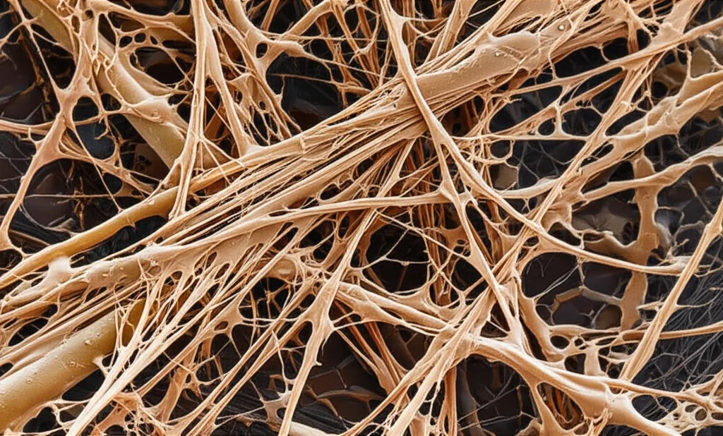 Microscopic view of soil particles bound by microbial extracellular polymeric substances (EPS), macro lens, 105mm, high detail, precise focusing, controlled lighting