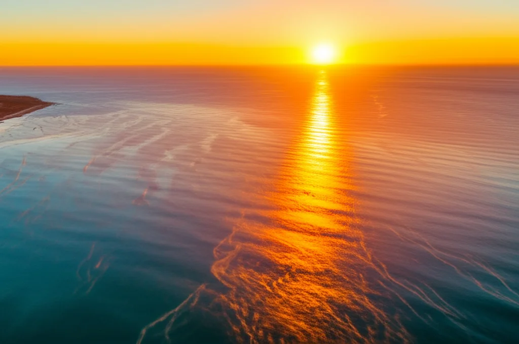 Panoramica mozzafiato di una costa vista dall'alto al tramonto, con le correnti oceaniche visibili come pattern nell'acqua illuminata dal sole, obiettivo grandangolare 20mm, lunga esposizione per nuvole e acqua setose, colori caldi.