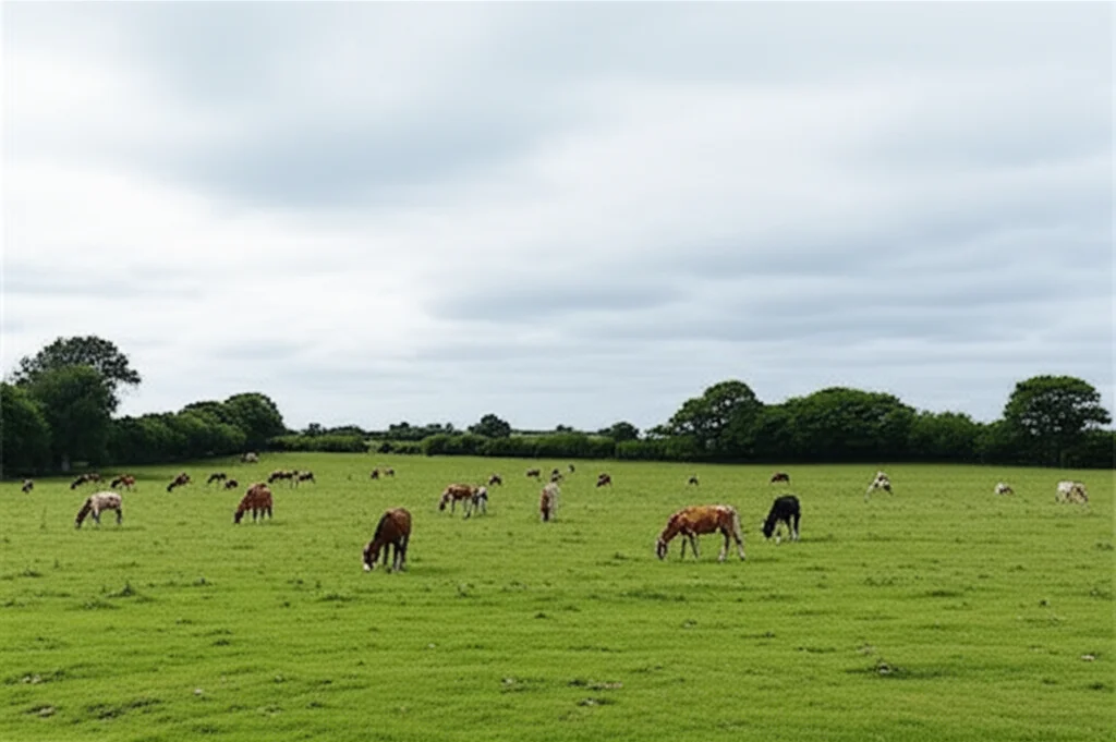 photorealistic image of a cool temperate Atlantic landscape, wide angle 24mm, sharp focus, showing fields, trees, and grazing animals under a slightly cloudy sky