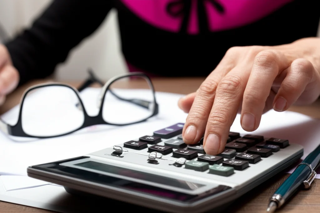Primo piano di una mano anziana che utilizza una calcolatrice su una scrivania con documenti finanziari e occhiali da lettura, obiettivo macro 60mm, illuminazione controllata, alta definizione, focus sulla mano e la calcolatrice.