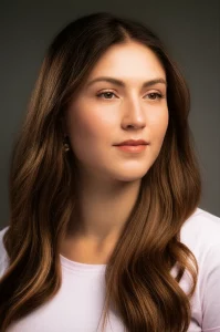 Ritratto fotorealistico di una donna piena di speranza di 30 anni, guardando pensieroso verso una fonte di luce, che simboleggia nuove possibilità nella gestione della PCOS. Lenti da 35 mm, profondità di campo, duotone caldo (ad esempio, ambra e grigio morbido), trasmettendo ottimismo e salute.