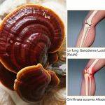 Un fungo Ganoderma Lucidum (Reishi) in primo piano, con la sua caratteristica superficie lucida rosso-marrone, accanto a una rappresentazione stilizzata di articolazioni sane e infiammate per confronto. Macro lens, 105mm, high detail, precise focusing, controlled lighting per esaltare la texture del fungo e la chiarezza del concetto medico.