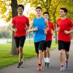 Un gruppo di adolescenti sorridenti che fanno jogging in un parco al tramonto, teleobiettivo zoom 200mm, alta velocità dell'otturatore per congelare il movimento, luce dorata, espressioni di gioia e impegno.