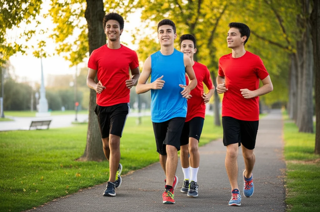Un gruppo di adolescenti sorridenti che fanno jogging in un parco al tramonto, teleobiettivo zoom 200mm, alta velocità dell'otturatore per congelare il movimento, luce dorata, espressioni di gioia e impegno.