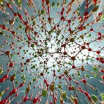 Visualizzazione 3D altamente realistica di atomi di uranio (U⁴⁺ e UO₂²⁺) che si incorporano in una matrice cristallina di carbonato, con diverse zone di crescita evidenziate. Illuminazione drammatica per enfatizzare le strutture atomiche, obiettivo macro virtuale, dettagli molecolari precisi, high detail.