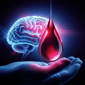 Visualizzazione concettuale del cervello umano con aree illuminate che simboleggiano il recupero neurologico, sovrapposta a una goccia di sangue stilizzata, a rappresentare l'impatto delle strategie trasfusionali. Wide-angle, 15mm, sharp focus, illuminazione drammatica con contrasti, effetto duotone blu e rosso.