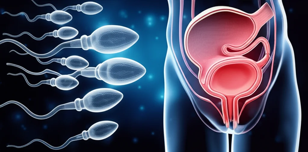 A conceptual image showing a microscopic view of sperm cells alongside a medical representation of the bladder, using a macro lens 60mm for the cells and a wide-angle lens 24mm for the bladder diagram, combined with high detail and controlled lighting.