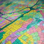 A detailed map overlaying US precinct boundaries and census tracts, representing the core concept of linking election data to demographic information. Wide-angle lens, 24mm, sharp focus.