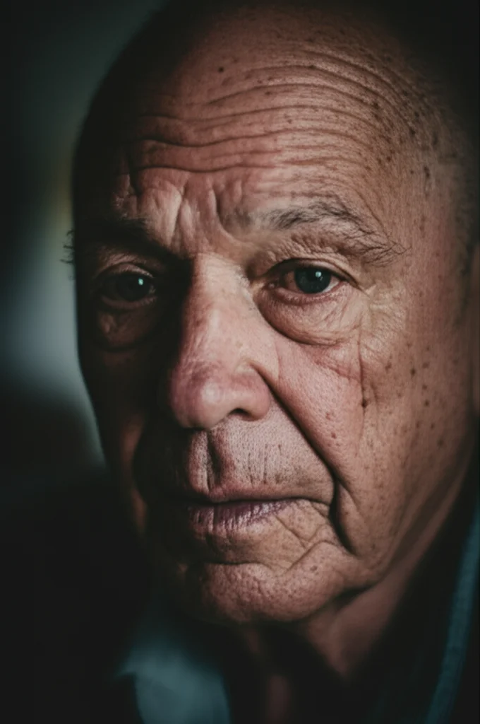Detailed photorealistic image for generating a portrait of an older adult looking thoughtful, representing vulnerability to climate extremes, 35mm portrait, depth of field, controlled lighting.