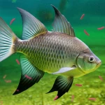 Fotografia subacquea di un pesce Scatophagus argus che nuota in un ambiente acquatico con gradienti di salinità visibili (simbolici), con una rappresentazione stilizzata di batteri Aeromonas hydrophila, obiettivo grandangolare 24mm, luce naturale filtrata dall'acqua, mettendo in evidenza l'interazione pesce-batterio-ambiente.