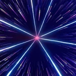 Illustrazione artistica e fotorealistica di un acceleratore di particelle o di una collisione di particelle ad alta energia, con scie luminose che rappresentano neutrini e altre particelle elementari. Wide-angle, 10mm, long exposure times, sharp focus, con un effetto di 'smooth light trails' per le particelle.