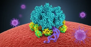 Illustrazione fotorealistica di un anticorpo che si lega a una proteina (Basigin) sulla superficie di una cellula tumorale, con un effetto visivo che mostra la modulazione del metabolismo interno della cellula e l'attivazione di cellule immunitarie circostanti. Dettagli molecolari visibili, illuminazione drammatica che evidenzia l'interazione, profondità di campo, lente prime 35mm.