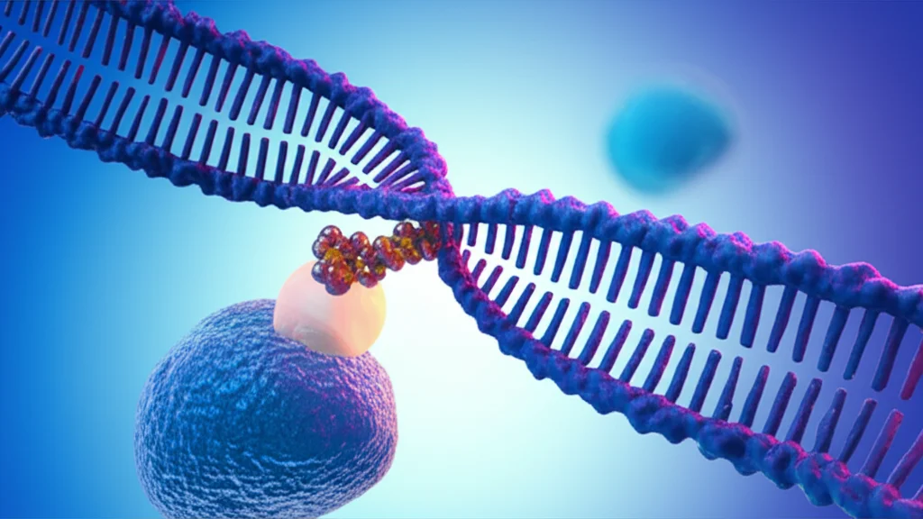 Illustrazione scientifica fotorealistica che mostra il microRNA miR-182-5p mentre silenzia il gene NCALD all'interno di una cellula di cancro del colon-retto, attivando la via Wnt/β-catenina. Dettagli molecolari precisi, sfondo astratto blu e viola duotone, profondità di campo.