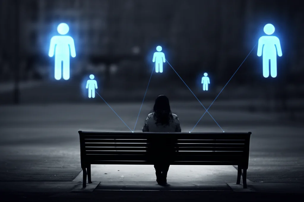 Immagine concettuale che mostra una persona seduta da sola su una panchina, ma collegata da fili luminosi ad altre figure stilizzate in lontananza, rappresentando la connessione e la solitudine all'interno di una rete sociale. Obiettivo 50mm, profondità di campo, toni blu e grigi duotone.
