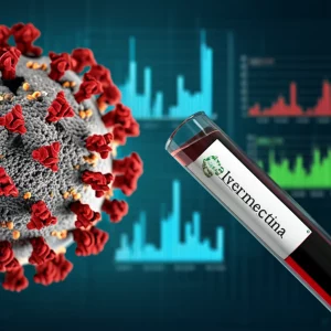 Immagine concettuale di una provetta etichettata 'Ivermectina' accanto a un modello 3D del virus SARS-CoV-2, con grafici di dati scientifici e articoli di ricerca sfocati sullo sfondo. Obiettivo macro 90mm per dettagli nitidi sulla provetta e sul virus, profondità di campo che sfoca leggermente i grafici, illuminazione da laboratorio controllata che crea un'atmosfera seria e analitica.