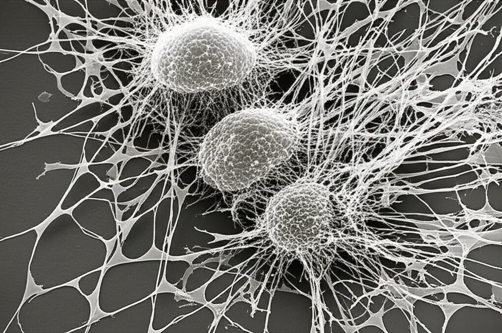 Immagine fotorealistica al microscopio elettronico a scansione di cellule staminali mesenchimali (BMSCs) che interagiscono strettamente con cellule stellate epatiche (HSC) attivate. Alta definizione, illuminazione drammatica laterale che evidenzia le strutture di membrana, obiettivo macro 85mm simulato, dettagli ultradefiniti delle interazioni cellulari, bianco e nero con viraggio seppia (duotone).