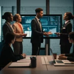 Immagine fotorealistica: un team diversificato di professionisti della gestione delle crisi in una sala di controllo ad alta tecnologia, incentrata intensamente su uno schermo che mostra dati complessi durante un esercizio di addestramento di resilienza, lenti prime 35 mm, profondità di campo, illuminazione drammatica che evidenzia il loro impegno con una situazione imprevisto.