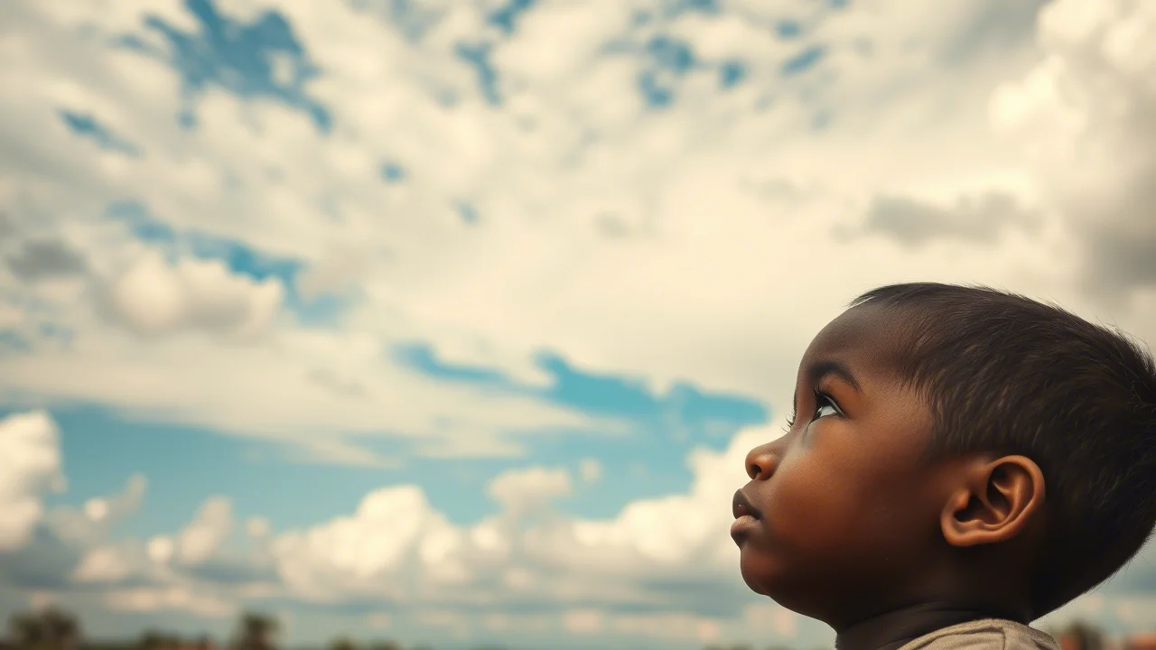 Immagine suggestiva che rappresenta il legame tra fattori meteorologici e la salute dei bambini in Etiopia: un bambino piccolo guarda verso un cielo mutevole, con un filtro duotone seppia e blu per un effetto emotivo. Obiettivo da ritratto 50mm, profondità di campo media.