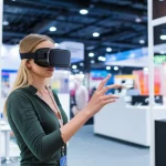 Una persona indossa un visore VR ed è immersa in un ambiente virtuale complesso che rappresenta diversi stand di un negozio. Prime lens, 35mm, depth of field, con un focus sull'interazione della persona con un oggetto virtuale, illuminazione controllata per un aspetto fotorealistico.
