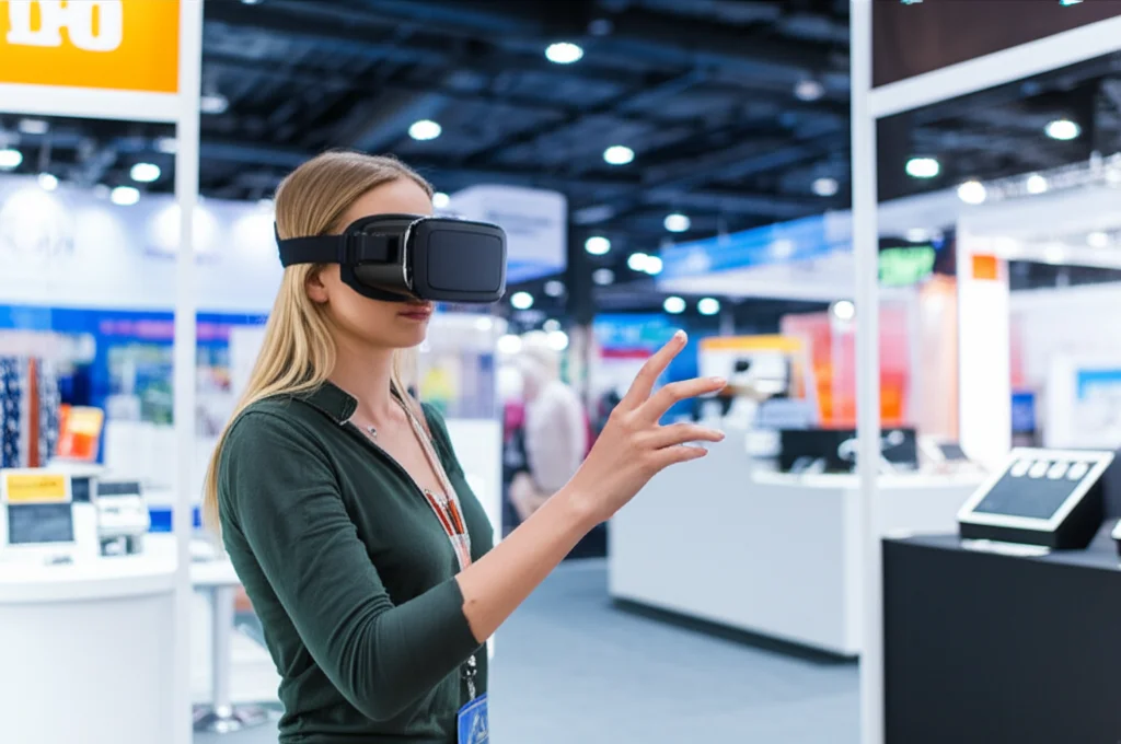 Una persona indossa un visore VR ed è immersa in un ambiente virtuale complesso che rappresenta diversi stand di un negozio. Prime lens, 35mm, depth of field, con un focus sull'interazione della persona con un oggetto virtuale, illuminazione controllata per un aspetto fotorealistico.