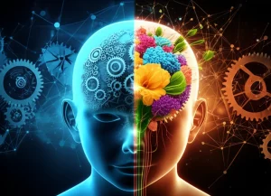 Un'immagine simbolica che rappresenta la trasformazione dell'educazione: da un lato ingranaggi e grafici economici, dall'altro un cervello umano luminoso da cui sbocciano idee, creatività e connessioni umane. Stile fotorealistico, con un leggero effetto 'split screen' o transizione. Prime lens, 35mm, colori caldi e vibranti per la parte della fioritura, più freddi e metallici per la parte economica.