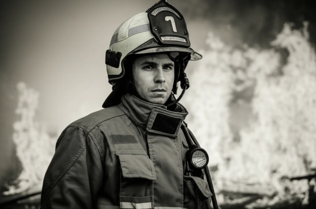 Vigile del fuoco in primo piano con equipaggiamento completo, sfondo di fiamme controllate e fumo, espressione determinata ma riflessiva, a simboleggiare la resilienza di fronte al trauma. Lente prime da 50mm, effetto film noir con contrasti forti, duotono seppia e grigio scuro, profondità di campo che sfoca lo sfondo per un'immagine fotorealistica.