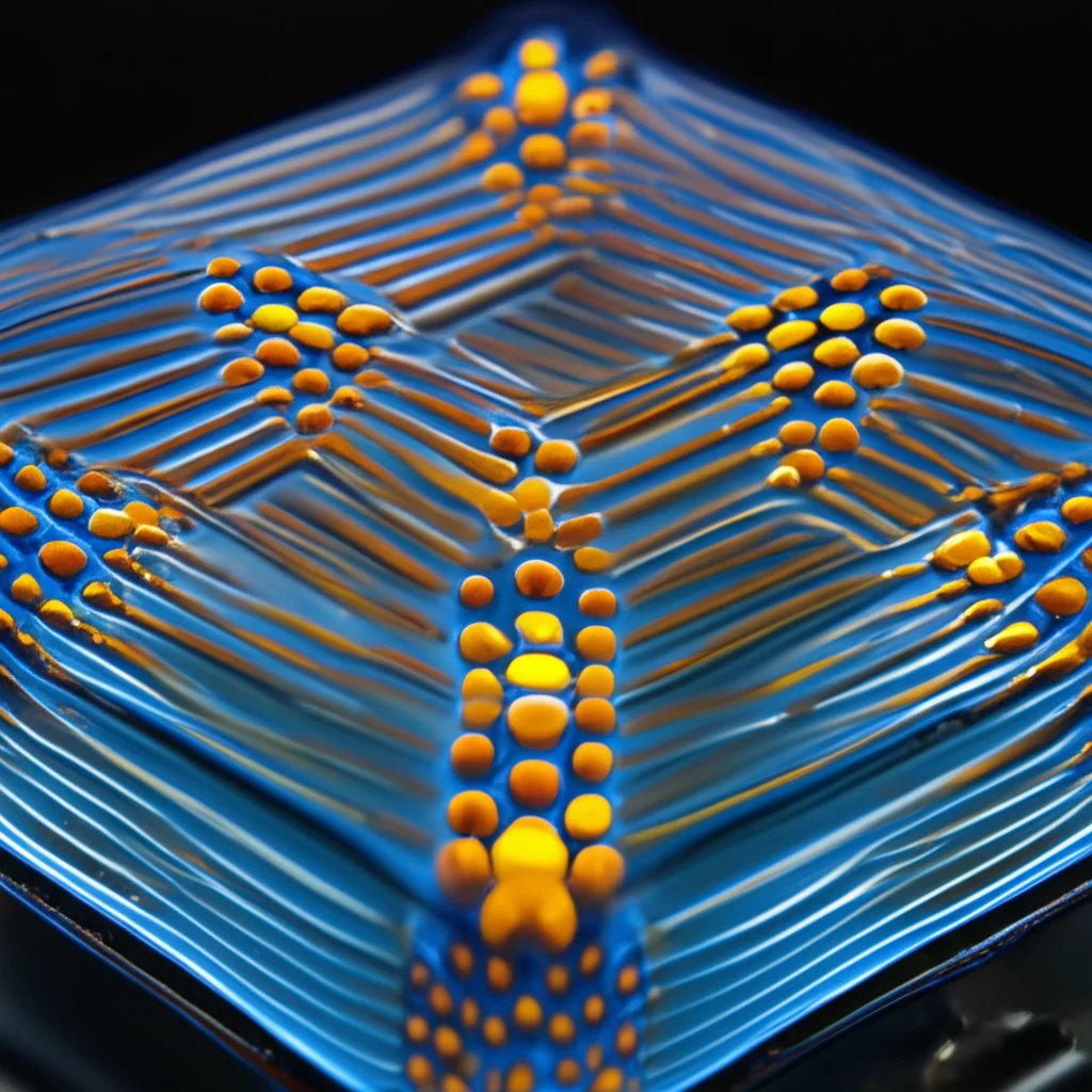Visualizzazione artistica e fotorealistica della piattaforma STREAM in azione: un array di piccole unità piezoelettriche quadrate immerse in un liquido bluastro, con microparticelle sferiche luminose (arancioni e gialle) che vengono guidate e assemblate da flussi acustici invisibili, formando pattern complessi. Luce direzionale che evidenzia le particelle e le leggere increspature sulla superficie del liquido, macro lens, 70mm, high detail, precise focusing.