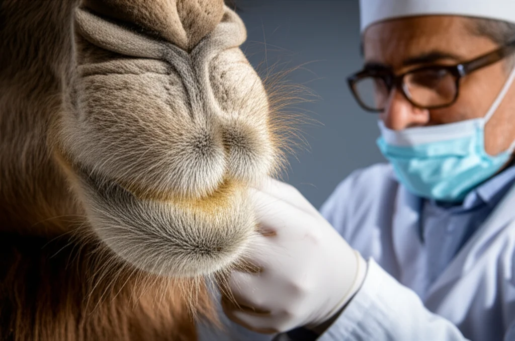 Primo piano macro delle labbra di un dromedario arabo, con un veterinario che esamina attentamente l'area. Luce da studio controllata, obiettivo macro 90mm, alta definizione per mostrare la texture della pelle e la possibile presenza di sostanze iniettate. Contesto di una valutazione veterinaria pre-gara.
