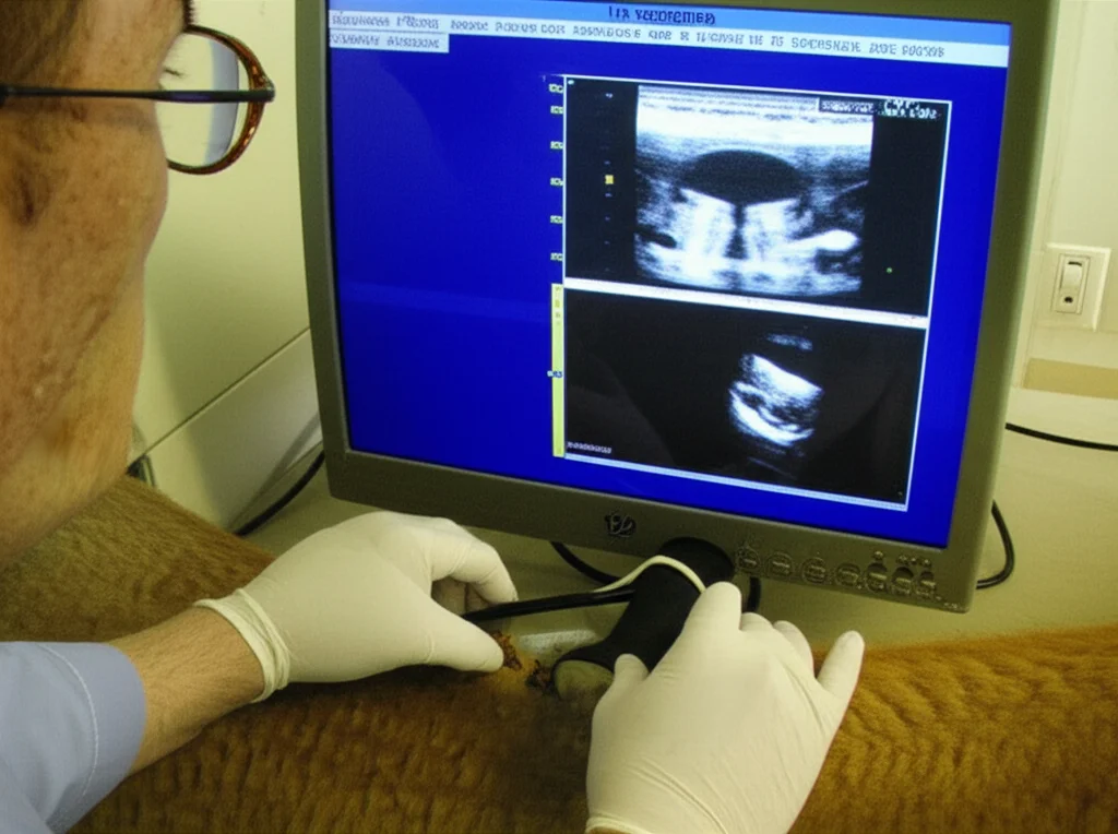 Un veterinario esegue un'ecografia sulle labbra di un dromedario arabo. L'immagine mostra la sonda ecografica a contatto con il labbro interno del cammello, e sullo schermo dell'ecografo si intravedono le diverse stratificazioni tissutali. Obiettivo prime 35mm, profondità di campo per mettere a fuoco sia la sonda che parte dello schermo, illuminazione clinica.