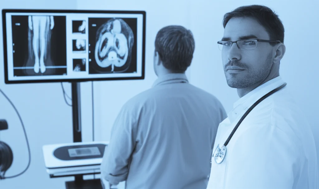 Un medico osserva con attenzione uno schermo che mostra scansioni dettagliate della composizione corporea di un paziente, evidenziando massa grassa e massa magra. Accanto, una bilancia tradizionale appare meno informativa. L'ambiente è uno studio medico moderno, illuminazione controllata, obiettivo prime da 35mm, profondità di campo per mettere a fuoco le scansioni e il volto concentrato del medico. Duotone blu e grigio.