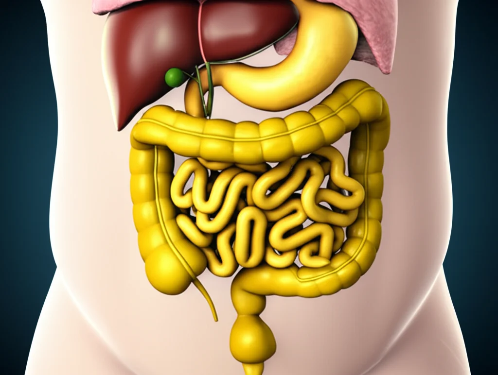 Illustrazione medica stilizzata ma realistica che mostra la sezione trasversale dell'addome di una figura umana, evidenziando chiaramente il grasso viscerale (VAT) in giallo scuro che avvolge gli organi interni (intestino, fegato) e il grasso sottocutaneo (SAT) in giallo chiaro appena sotto la pelle. Macro lens, 60mm, high detail, precise focusing, controlled lighting per enfatizzare le texture e le differenze tra i due tipi di grasso.