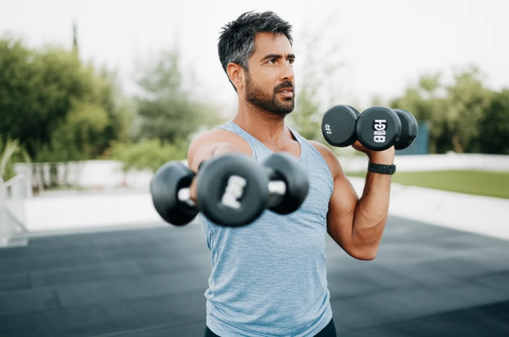 Una persona di mezza età, uomo o donna, in abbigliamento sportivo, che esegue un esercizio di sollevamento pesi leggeri (manubri) in una palestra ben illuminata o all'aperto. L'immagine è dinamica, catturata con un teleobiettivo zoom 100-400mm, fast shutter speed per congelare il movimento, e movement tracking per mantenere a fuoco il soggetto. L'enfasi è sulla contrazione muscolare e sull'espressione concentrata ma positiva.