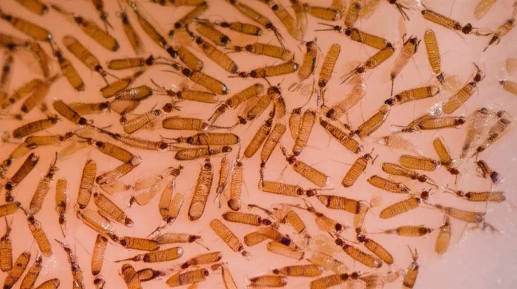 Scatto macro di uova di zanzara Aedes aegypti meticolosamente disposte su una superficie di carta di germinazione marrone scuro a testura all'interno di una tazza di oviposizione di laboratorio, lenti macro da 100 mm, alti dettagli, focalizzazione precisa, illuminazione controllata, enfatizzando l'umidità e la consistenza sottile preferita dalla zanzare per lavare le uova.