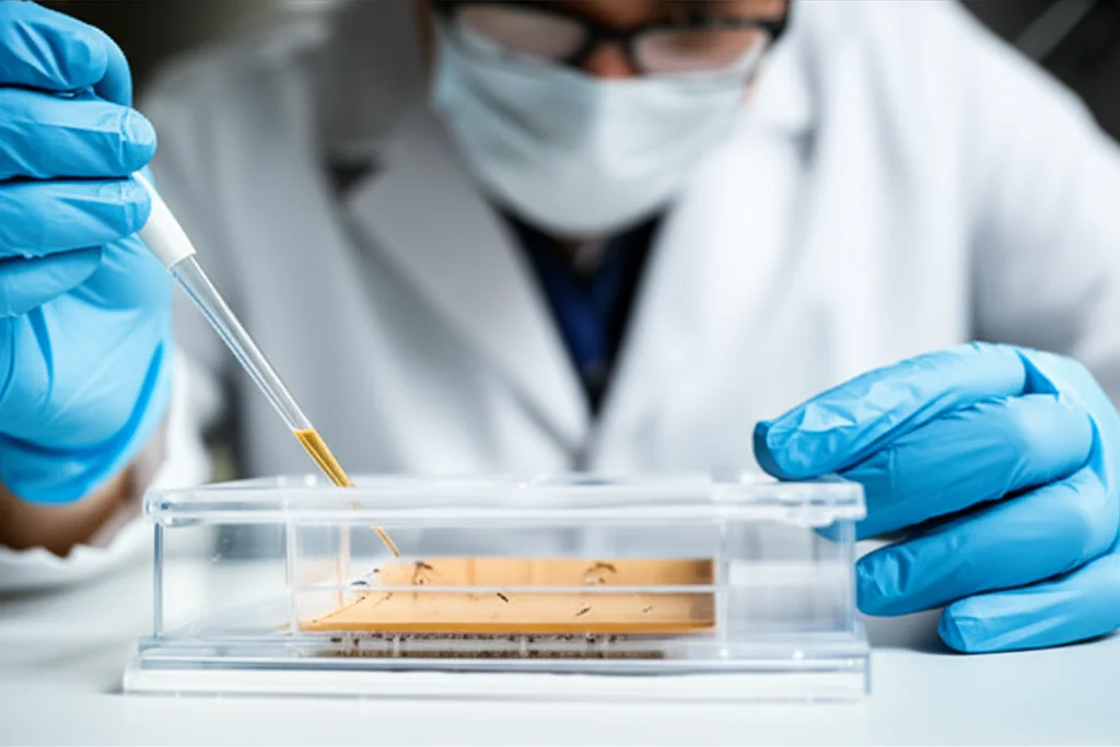 Primo piano di uno scienziato in un ambiente di laboratorio, che indossa guanti e usando una pipetta per aggiungere attentamente un'infusione a un ovitrap foderato con carta di germinazione, lenti macro da 60 mm, alti dettagli, illuminazione controllata, concentrarsi sulla precisione scientifica nella preparazione di siti di allevamento di zanzare per lo studio.