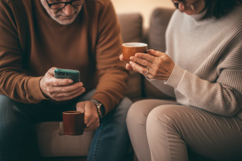Due persone, un uomo e una donna di mezza età, sedute comodamente su un divano con tazze di tè, mentre parlano e si scambiano messaggi sui loro smartphone. L'atmosfera è rilassata e di supporto. Prime lens, 35mm, depth of field, luce calda e accogliente, duotone marrone e crema.