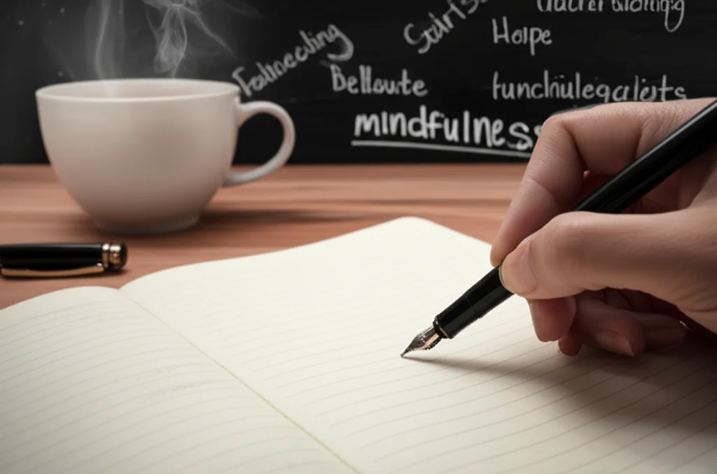 Una persona che scrive su un diario o un quaderno di appunti con una penna, seduta a una scrivania con una tazza di tisana accanto. Sullo sfondo, una lavagna con appunti sulla mindfulness. Macro lens, 85mm, high detail, luce da studio controllata, focus preciso sulla punta della penna.