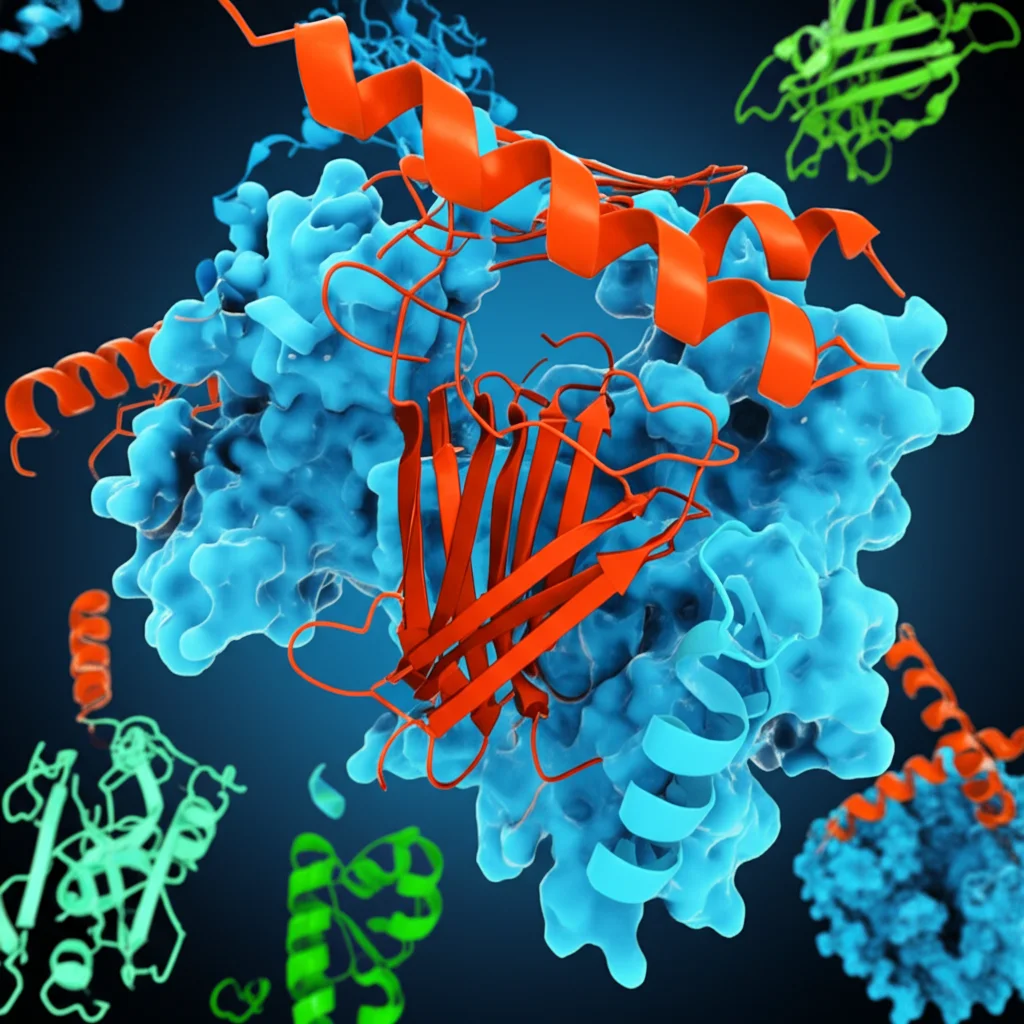 Visualizzazione 3D di proteine umane con strutture complesse, obiettivo macro 60mm, con focus su dettagli molecolari e interazioni, illuminazione da studio per enfatizzare le forme, rappresentante l'analisi proteomica nell'epilessia.